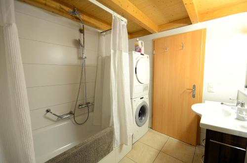 a bathroom with a shower and a washing machine at Luxury Penthouse Apartment in Lauterbrunnen
