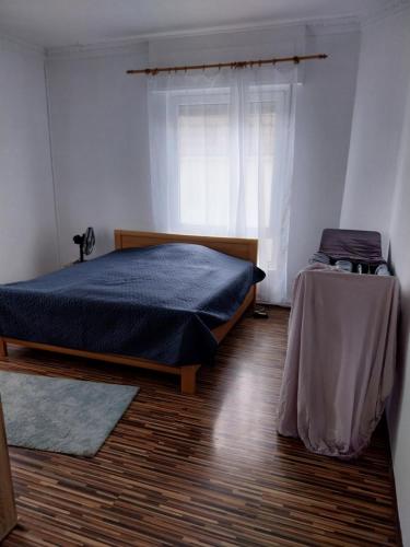 ein Schlafzimmer mit einem blauen Bett und einem Fenster in der Unterkunft 3 Zimmer Ferien & Monteurwohnung 1 Etage in Riedstadt