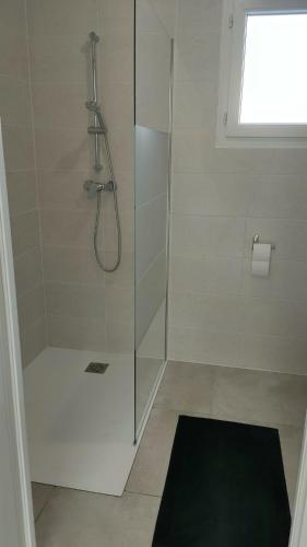 une salle de bain avec une douche avec une porte vitrée dans l'établissement VILLA Landaise, à Lit-et-Mixe