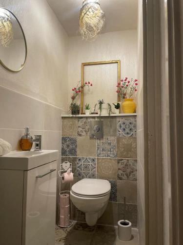 une salle de bain avec toilettes, lavabo et miroir dans l'établissement Via Narbona, à Narbonne