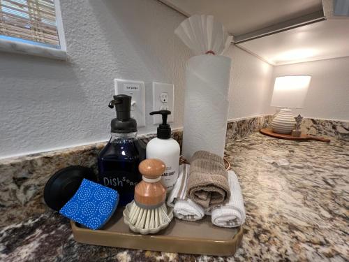 a bathroom counter with a tray with soap and cleaning products at Delia Place Florida Oasis With Private Lanai in The Villages