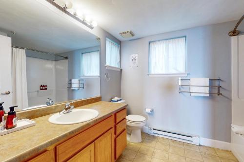 a bathroom with a sink and a toilet and a mirror at First Tracks 4202 in Steamboat Springs