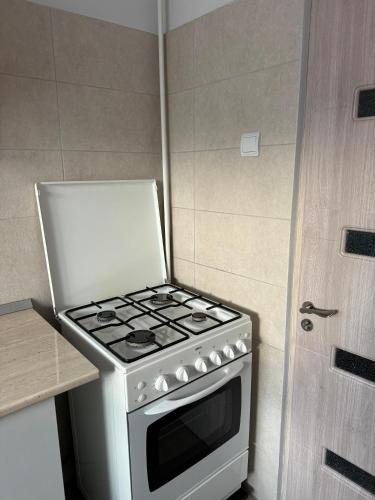 a stove in a kitchen next to a door at Margo Apartament cu 2 camere in Târgu Jiu