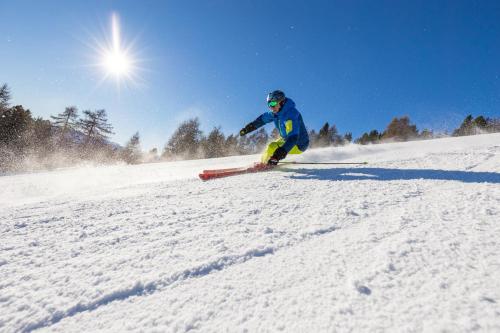 a person is skiing down a snow covered slope at Bockspitze Deluxe Appartements in Hinterweisspriach