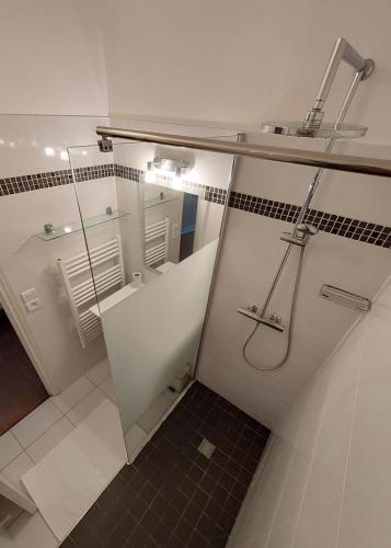 une salle de bain avec une douche avec une porte vitrée dans l'établissement MAISON DE MARQUAY-MAISON D'HOTES, à Marquay