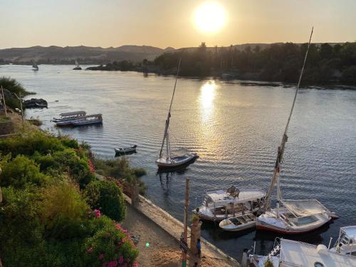 a group of boats in the water at sunset at La Veranda 陽台 in Aswan