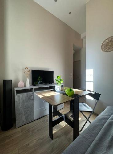 un salon avec une table et une télévision dans l'établissement Studio neuf proche gare de Grenoble, à Grenoble