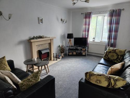a living room with two couches and a fireplace at Cosy house for business travel and pleasure in Bickershaw