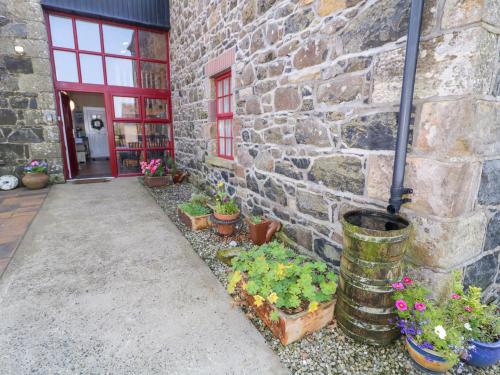 a stone building with potted plants next to a door at Colliers Barn in Ballycastle