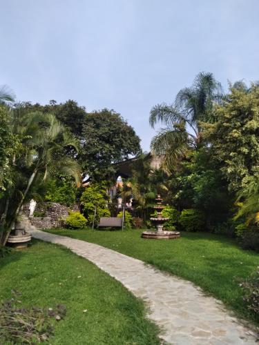 a path through a park with trees and grass at Jardin Zen in Tepoztlán