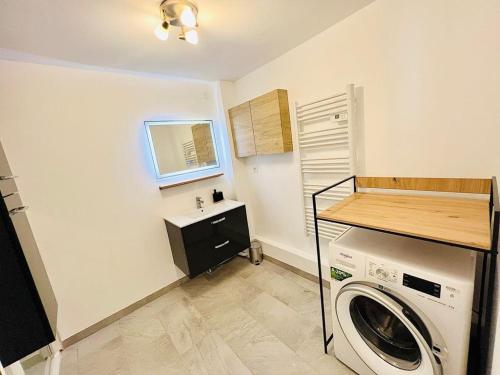 - une buanderie avec un lave-linge et un évier dans l'établissement Le Nid du Sanctuaire, à Lourdes