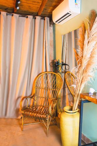 two chairs and a plant in a room with curtains at Quinta da Bocaina in Amparo