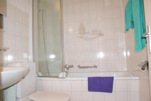 ein Badezimmer mit einer Badewanne, einem WC und einem Waschbecken in der Unterkunft Ravaisch 22 in Davos