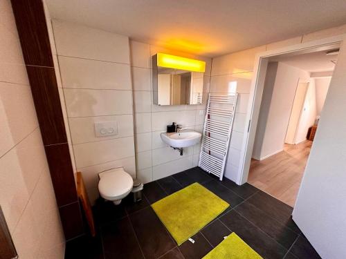 フェルバートにあるBee Flatsの洗面台とトイレ付きの小さなバスルーム