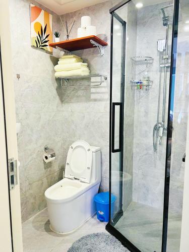 ナイロビにあるComfy Studio - Pool & Gym - Kilimaniのトイレとシャワー付きのバスルーム