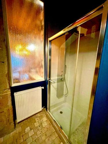 une douche avec une porte vitrée dans une salle de bain dans l'établissement Le cordelier, à Dijon