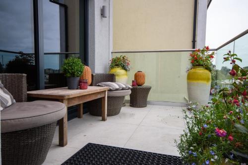 a patio with chairs and tables and potted plants at Rowing club house in Carrick on Shannon