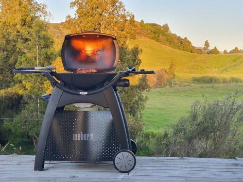 a grill with a tv on top of it at The Rimu Hut - Off-grid Luxury riverside cabin in Te Anga