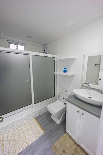 a white bathroom with a toilet and a sink at Amiah's Residence - Spacious two bedroom apartment in St George in Saint Georgeʼs
