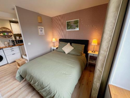 Cet appartement comprend une chambre avec un lit vert et une cuisine. dans l'établissement Cocon Cosy au centre du village, à Civrieux-dʼAzergues