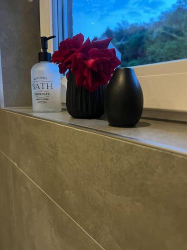 a window sill with a bottle of bath products and flowers at Apartment ForYou in Bad Salzschlirf