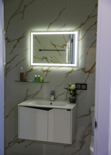 a bathroom with a white sink and a mirror at Aeka-hotel in Yerevan