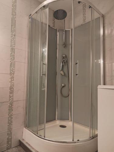 une douche avec une porte vitrée dans une salle de bain dans l'établissement Le Montjoux Appartement Calme-Parking, à Besançon