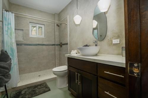 a bathroom with a sink and a toilet and a shower at Conmigo Villas - 6 Bedroom Beachfront with Pool in Maya Beach