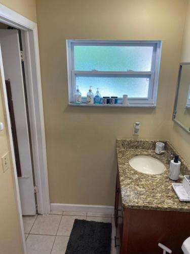 a bathroom with a sink and a window at Botanical Tranquility in Orlando