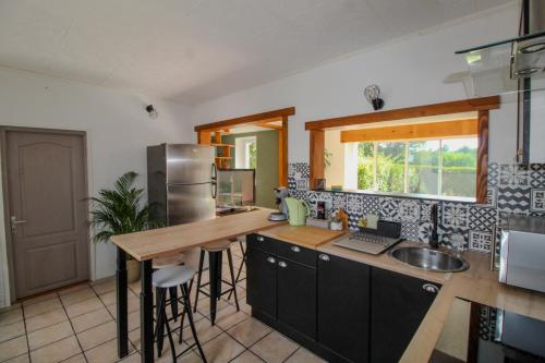 a kitchen with a counter with a sink and a refrigerator at Charmante Maison avec Terrasse in Saint-Vallier