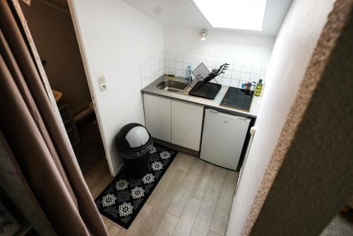 une petite cuisine avec un évier et un comptoir dans l'établissement La place Flore Gare et wifi, à Besançon