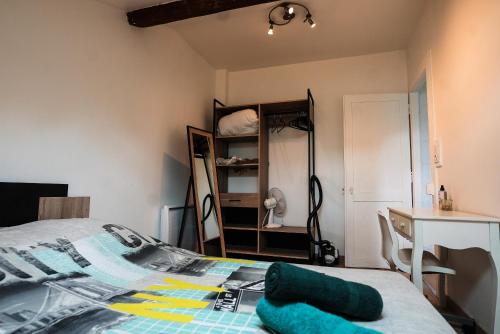 une chambre avec un lit, un bureau et une table dans l'établissement La place Flore Gare et wifi, à Besançon