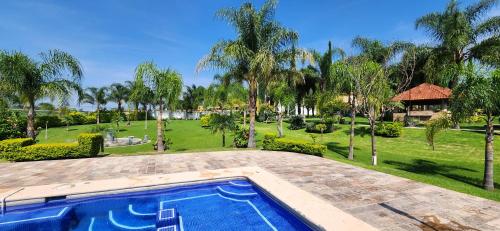 a swimming pool in a yard with palm trees at Hacienda Santa Ireme in Zapotlanejo