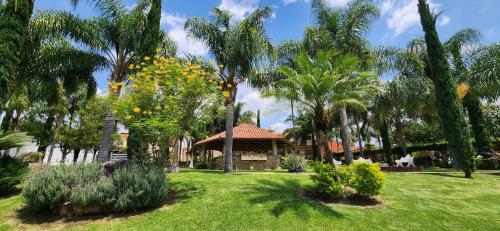 a garden with palm trees and a house at Hacienda Santa Ireme in Zapotlanejo