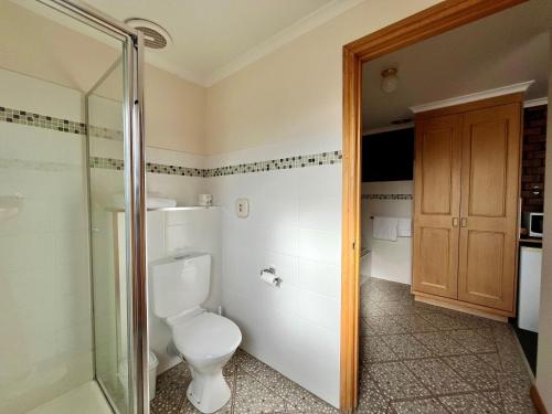 a bathroom with a toilet and a glass shower at City Colonial Motor Inn in Mildura