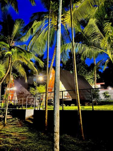 a group of palm trees in front of a building at Rustic Cottages Udawalawe in Udawalawe