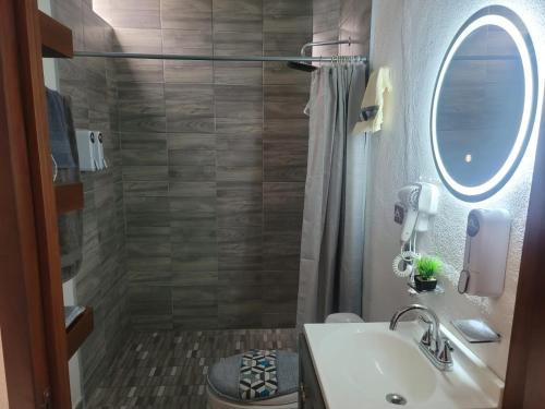 a bathroom with a sink and a shower with a mirror at Auroras in Lagos de Moreno