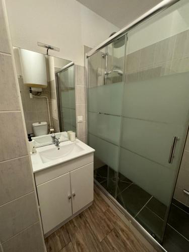 une salle de bain avec un lavabo et une douche en verre dans l'établissement Appart Cap d'Agde de 1 à 4 personnes, A 2 min du port à pied, au Cap d'Agde