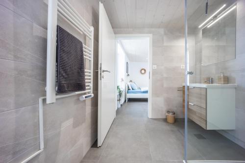a bathroom with a walk in shower and a glass door at Aloha chambres in Port-Valais