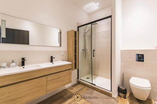 une salle de bain avec toilettes, lavabo et douche dans l'établissement Ponsardin #55 spacieux appartement 3 ch 6 couchages, à Reims