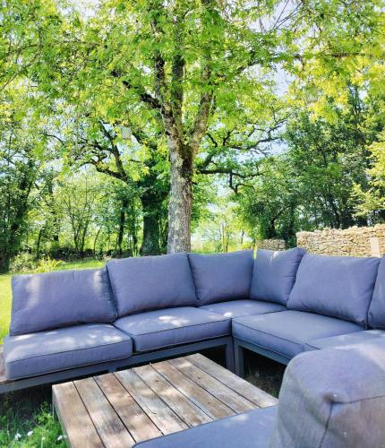 a blue couch and a table and a tree at Gîte de la Peyre et du Causse in Florimont-Gaumiers