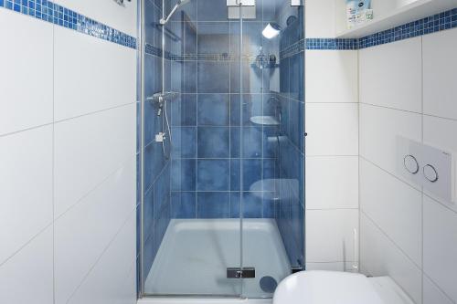 a bathroom with a shower and a toilet in it at Exklusives Chalet mit Panoramablick auf die Eiger Nordwand in Grindelwald