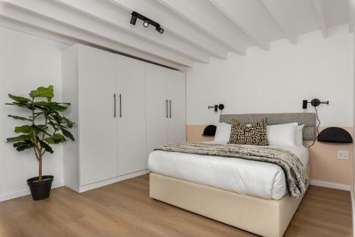 a white bedroom with a bed and a potted plant at Neighbourgood Franschhoek in Franschhoek
