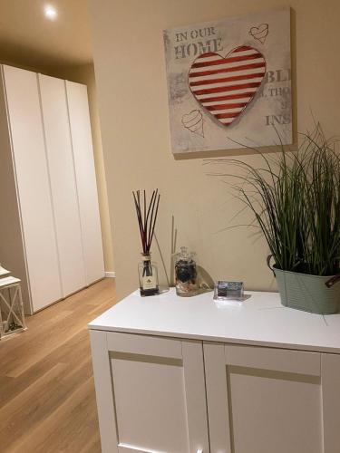 a kitchen with white cabinets and potted plants on the wall at Love me Bianca 1 in Crema