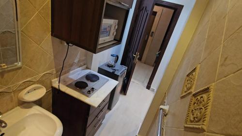 a bathroom with a sink and a toilet and a microwave at شقق قاردينيا in Aş Şafā