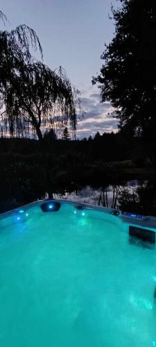 une grande piscine d'eau bleue avec des arbres en arrière-plan dans l'établissement Cabane aux papillons, à Saint-Éloy-les-Tuileries