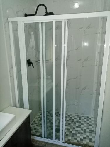 a shower with a glass door in a bathroom at De la Rose Guesthouse in Lephalale