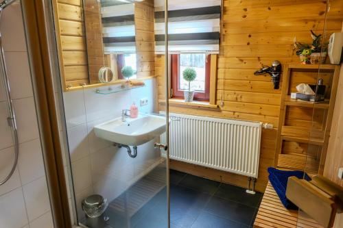 RiedenにあるFerienhaus Maraの洗面台とシャワー付きのバスルーム