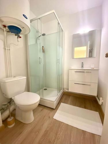 une salle de bain avec toilettes et douche en verre dans l'établissement Comme à l'hôtel, à Aurillac