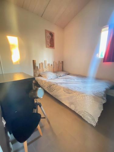 a bedroom with a bed and a desk and a camera at Rev'ôthijol Vacances in Saint Alban Auriolles